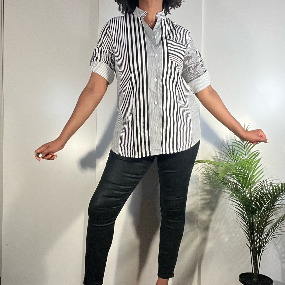 Multi stripe black and white cotton button down shirt with adjustable sleeves